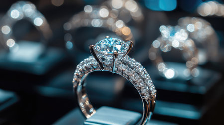 Close-up view of sparkling diamond rings in a high-end jewelry store display case, with reflections and ambient lighting enhancing the gems.の素材