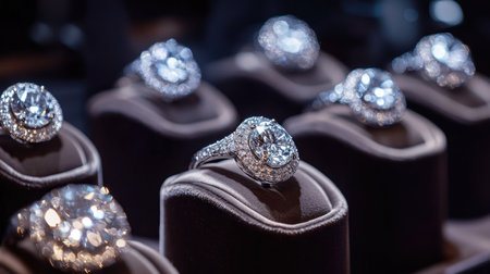 Close-up of diamond rings in a luxury retail store display, each resting on a plush stand with soft lighting that enhances their shine.の素材