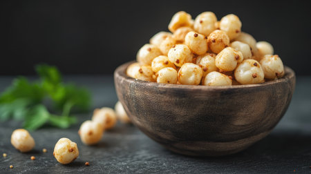 Crispy roasted phool makhana in a wooden bowl, showcasing their light and airy texture, perfect for a healthy snack or party appetizer.の素材