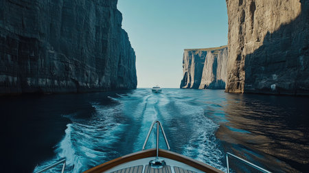 Dramatic coastal vista from a yacht cruising near towering cliffs, with the open sea stretching out behindの素材