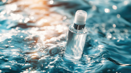 Cosmetic bottle lying on a bed of smooth water, with natural light illuminating the scene. Skin hydration with hyaluronic acid. Selective focus.の素材