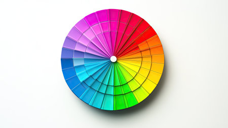 Detailed color wheel showcasing the transition between warm and cool tones, isolated on white, with smooth gradients and clear segmentationの素材