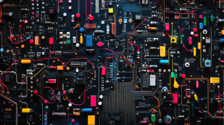 Electronic circuit board with colorful wiring, laid out against a matte black background, perfect for technology concept stock photos.の素材