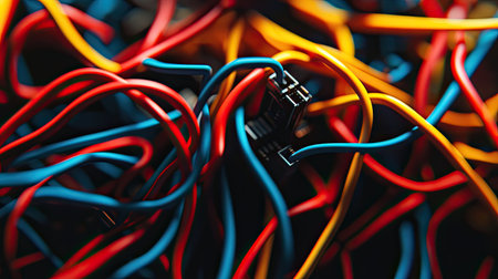 Electronic circuit board with a tangle of red, blue, and yellow wires, captured in close-up on a black background, showcasing complex tech engineering.の素材