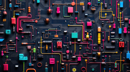 Electronic circuit board with colorful wiring, laid out against a matte black background, perfect for technology concept stock photos.の素材
