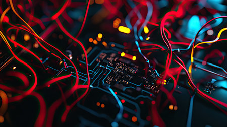 Electronic circuit board with a tangle of red, blue, and yellow wires, captured in close-up on a black background, showcasing complex tech engineering.の素材