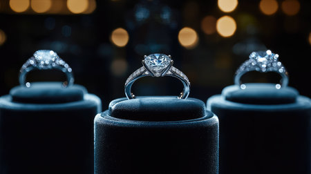 Exquisite diamond rings on display in a luxury retail store, presented on plush velvet stands and illuminated by warm spotlights for a luxurious effect.の素材