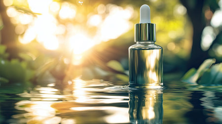 Elegant bottle of hyaluronic acid serum floating on water with a natural forest backdrop. Water droplets and sunlight reflection emphasize hydration.の素材