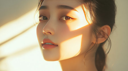 Elegant Asian woman with glowing, healthy skin and natural makeup, highlighted by soft, flattering lighting, perfect for skincare and beauty product promotions.の素材