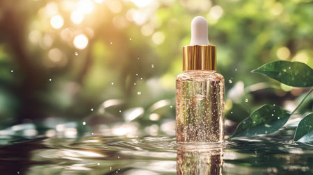 Elegant bottle of hyaluronic acid serum floating on water with a natural forest backdrop. Water droplets and sunlight reflection emphasize hydration.の素材
