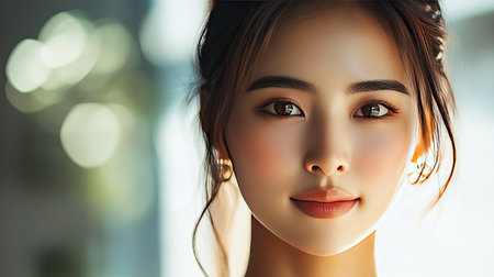Elegant Asian woman with glowing, healthy skin and natural makeup, highlighted by soft, flattering lighting, perfect for skincare and beauty product promotions.の素材