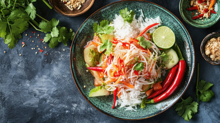 Flat lay of a colorful plate of papaya salad, garnished with chilies and lime, served alongside sticky rice and fresh vegetables.の素材