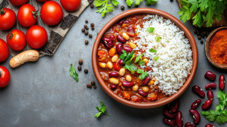 Flat lay of Rajma curry with rice in a clay bowl on a concrete table, surrounded by raw kidney beans, tomatoes, and Indian spices.の素材