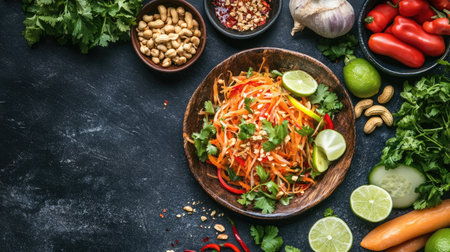 Flat lay of papaya salad, a vibrant Thai dish made with shredded papaya, lime, chili, and peanuts, served with fresh vegetables on the side.の素材