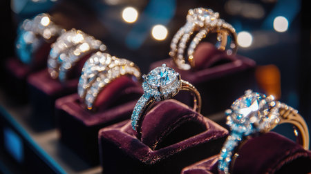 Exquisite diamond rings in a retail store window, each showcased on velvet stands with bright lights reflecting off the polished stones.の素材
