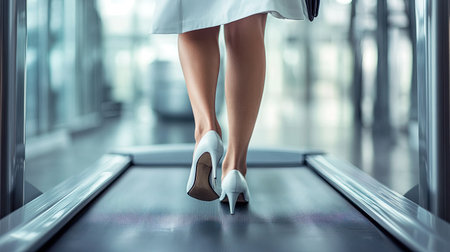 Feet of a businesswoman in stylish heels on a treadmill, holding a professional trolley, highlighting the fast-moving pace of the business world.の素材