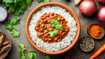 Flat lay of Rajma red bean masala with rice in a clay bowl, surrounded by spices, onions, and fresh cilantro on a rustic concrete table. A hearty North Indian meal.の素材