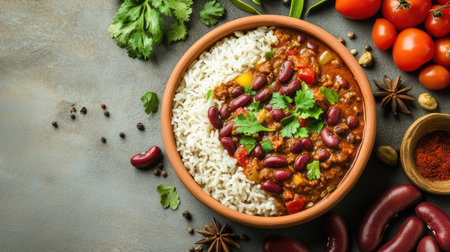 Flat lay of Rajma curry with rice in a clay bowl on a concrete table, surrounded by raw kidney beans, tomatoes, and Indian spices.の素材