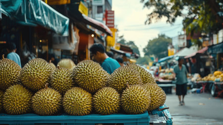 Fresh durian fruit laid out on a street vendor's table, with the tropical market bustling in the background.の素材