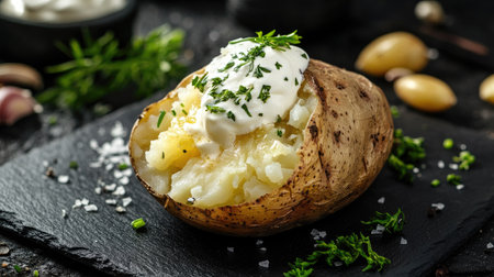 Freshly baked potato on a black slate plate, cut open to reveal a soft, fluffy inside, oozing with butter, and generously covered with sour cream and herbsの素材