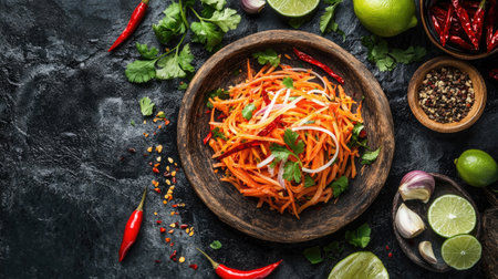 Flat lay of traditional Thai papaya salad, surrounded by fresh chilies, lime, and herbs, served on a rustic plate in an authentic Thai restaurant setting.の素材