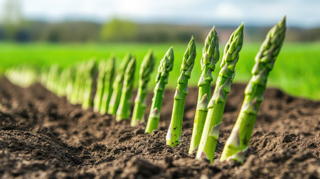 Fresh green asparagus stalks growing straight from the soil, their vibrant color contrasting with the earth in an open field.の素材