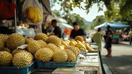 Fresh durian fruit laid out on a street vendor's table, with the tropical market bustling in the background.の素材