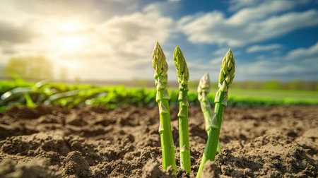 Fresh asparagus shoots growing in a fertile field, their green stems emerging from the earth under a bright sky.の素材