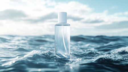 Floating cosmetic bottle among soft waves of water. Nature-inspired hydration concept, with selective focus on the hyaluronic acid label.の素材