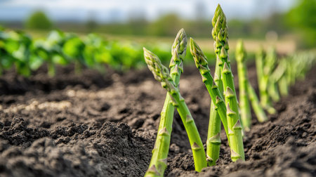 Fresh green asparagus stalks growing straight from the soil, their vibrant color contrasting with the earth in an open field.の素材