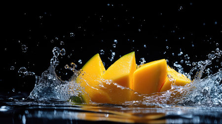 Fresh mango slice splashing through clear water, captured mid-motion with bright droplets frozen in time on a black background. Great for fruit, freshness, and summer themes.の素材