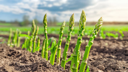 Fresh asparagus shoots growing in a fertile field, their green stems emerging from the earth under a bright sky.の素材