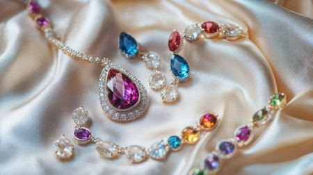 Gleaming gemstone earrings, necklaces, and rings displayed on soft fabric with a white background. Bright, colorful gems stand out.の素材