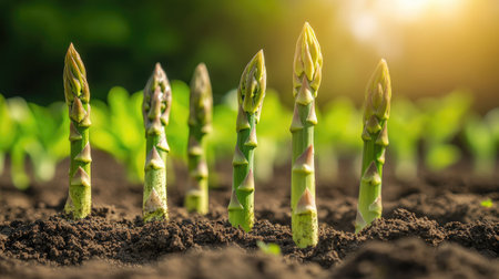Fresh asparagus shoots pushing through the soil, growing in orderly rows under the sun in a vibrant green field.の素材