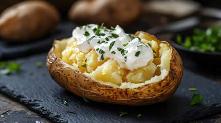 Freshly baked potato on a black slate plate, cut open to reveal a soft, fluffy inside, oozing with butter, and generously covered with sour cream and herbsの素材