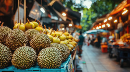 Fresh durian fruit laid out on a street vendor's table, with the tropical market bustling in the background.の素材