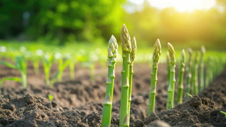 Fresh green asparagus shoots pushing up from the soil in a farm field, the healthy stalks catching sunlight in neat rows.の素材
