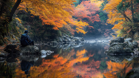 Hiker resting near a stream surrounded by colorful autumn trees at Tsuta Onsen, Aomori, with reflections of fall foliage in the water.の素材