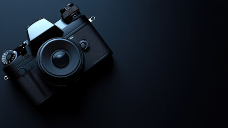 High-tech digital camera seen from above on a black background, 3D illustration with ample empty space for text or graphics, modern and elegant compositionの素材