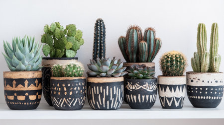 Group of cactus pots with unique designs displayed on a white shelf, showcasing a mix of contemporary and rustic home decor styles.の素材