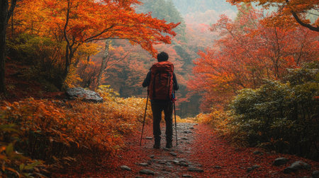 Hiker standing on a trail near Tsuta Onsen, taking in the breathtaking autumn scenery of red and orange leaves covering the forest.の素材