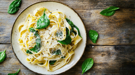 Italian tagliatelle with spinach, Parmesan cheese, and black pepper, plated elegantly on a rustic wooden table, ideal for a restaurant menu.の素材