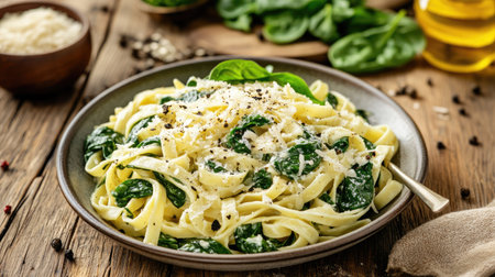 Italian tagliatelle with spinach, Parmesan cheese, and black pepper, plated elegantly on a rustic wooden table, ideal for a restaurant menu.の素材