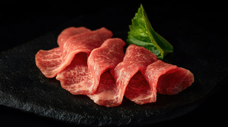 Japanese Misuji beef, freshly sliced and rich with marbling, on a black background. The dark setting emphasizes the meataes premium quality and freshness.の素材