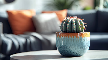 Close-up of a stylish cactus pot with modern ceramic design, placed on a living room table, ideal for home decor inspiration.の素材