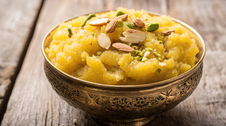 Close-up of freshly prepared Moong Dal Halwa, garnished with almonds and pistachios, served in a traditional brass bowl on a rustic wooden table, perfect for a festive occasion.の素材
