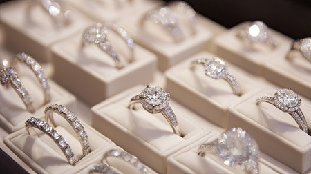 Close-up of diamond rings arranged in a luxury jewelry display case, spotlighted to showcase their brilliance in an elegant retail setting.の素材