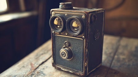 Close-up of a retro twin-lens camera with visible wear and tear, standing on a weathered table, showcasing its antique charm, softly lit backgroundの素材