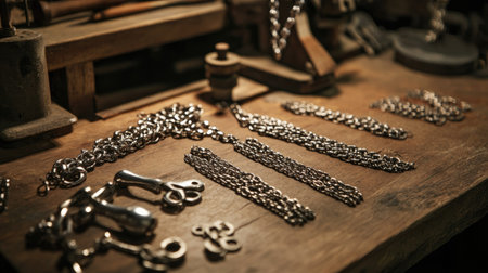 Detailed shot of silver jewelry components, including chains and clasps, laid out on a craftsmanaes workbench, ready for assemblyの素材