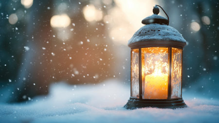 Decorated Christmas lantern glowing in a winter garden, with snow falling gently. The candleaes light reflects on the snow, leaving space for text to the side.の素材